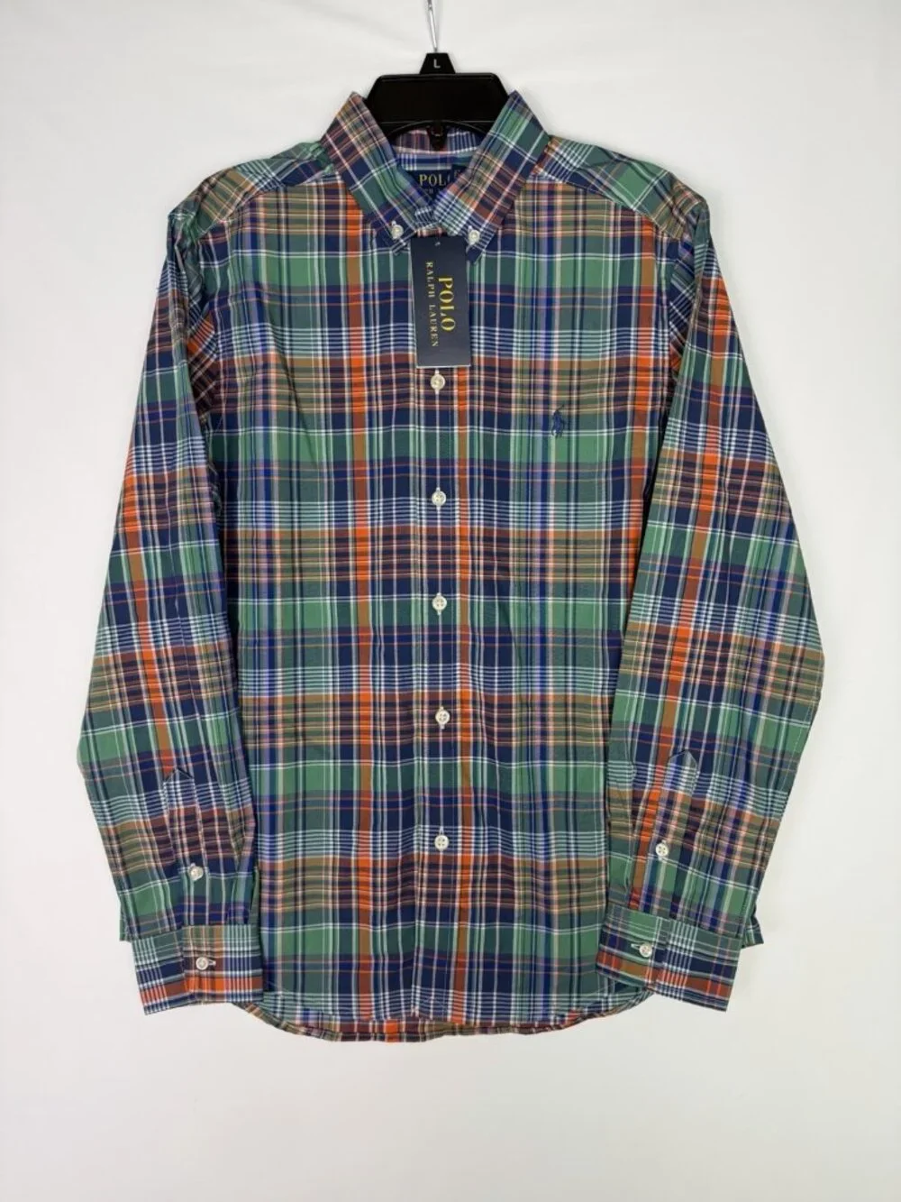 Ralph Lauren LARGE 14-16 Polo Plaid Cotton Poplin Buttondown Stretch Shirt NEW